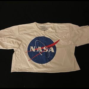 white cropped long sleeve NASA shirt